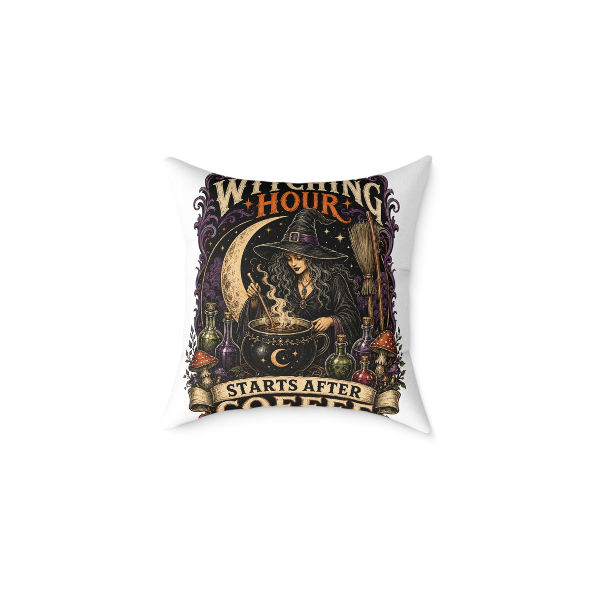 Halloween Witching Hour Pillow — 'Witching Hour Starts After Coffee' Gothic Witch Decorative Cushion
