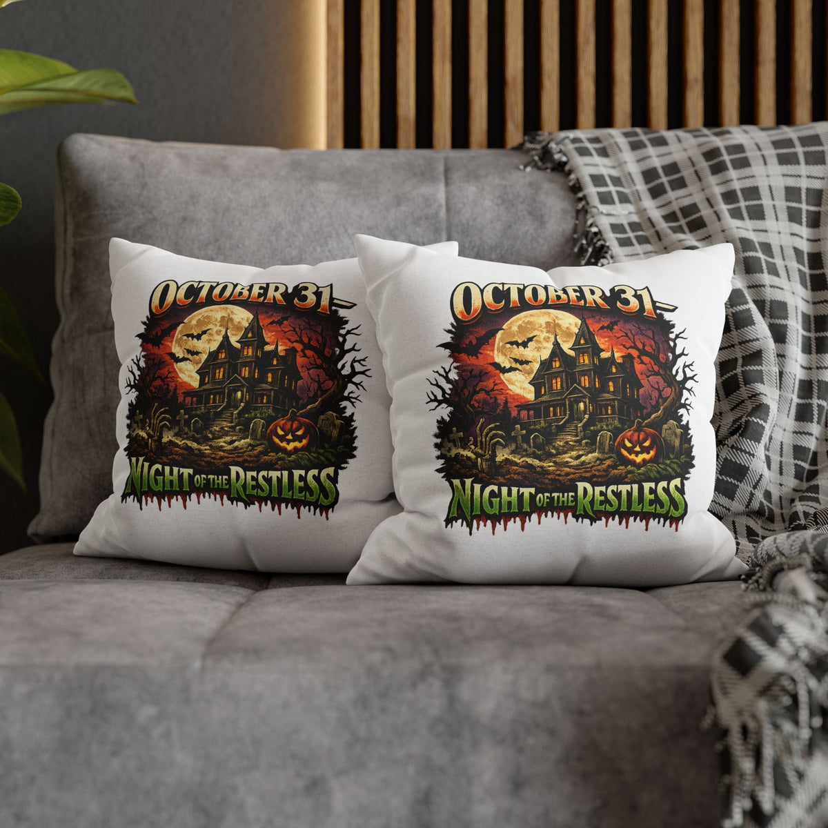 Halloween Pillowcase - "October 31 Night of the Restless" Haunted House Decorative Square Pillow Cover
