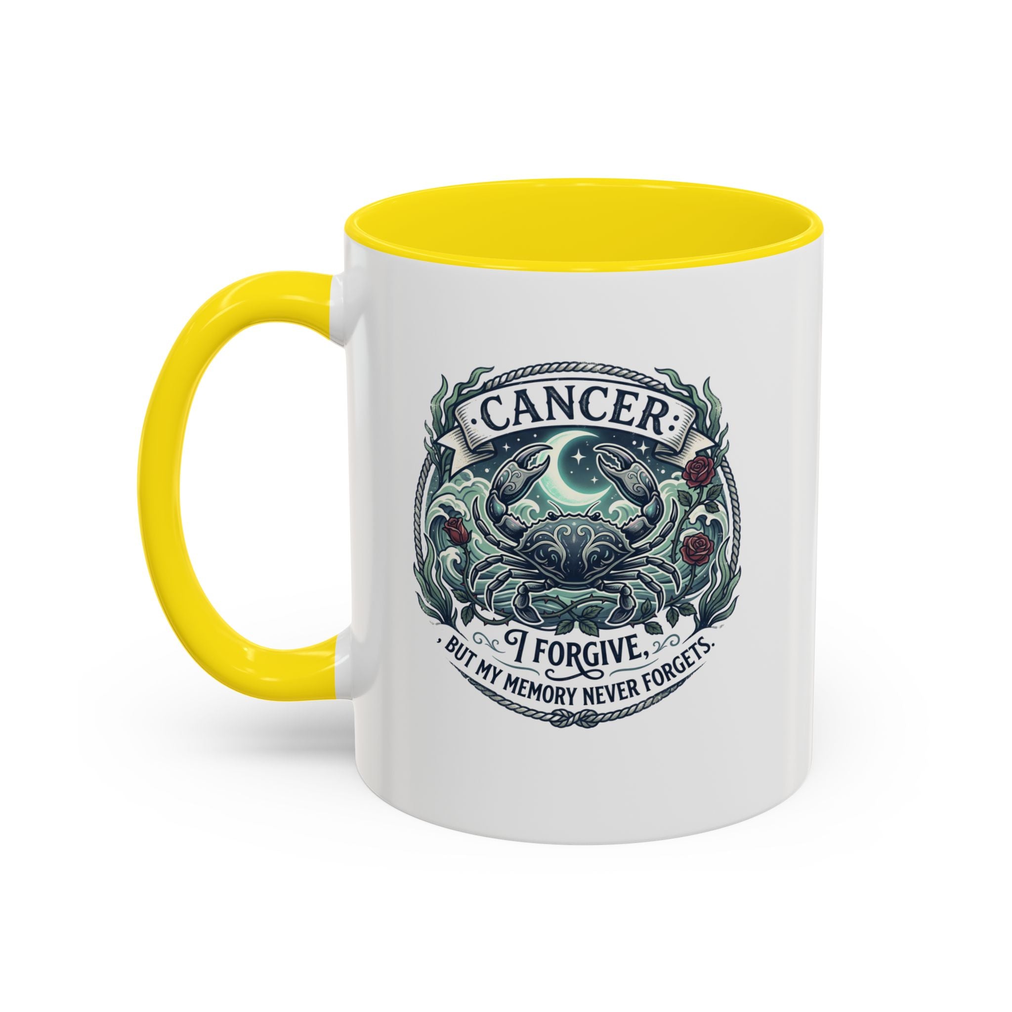 Cancer Zodiac Accent Coffee Mug — 'I Forgive But My Memory Never Forgets' Horoscope Gift