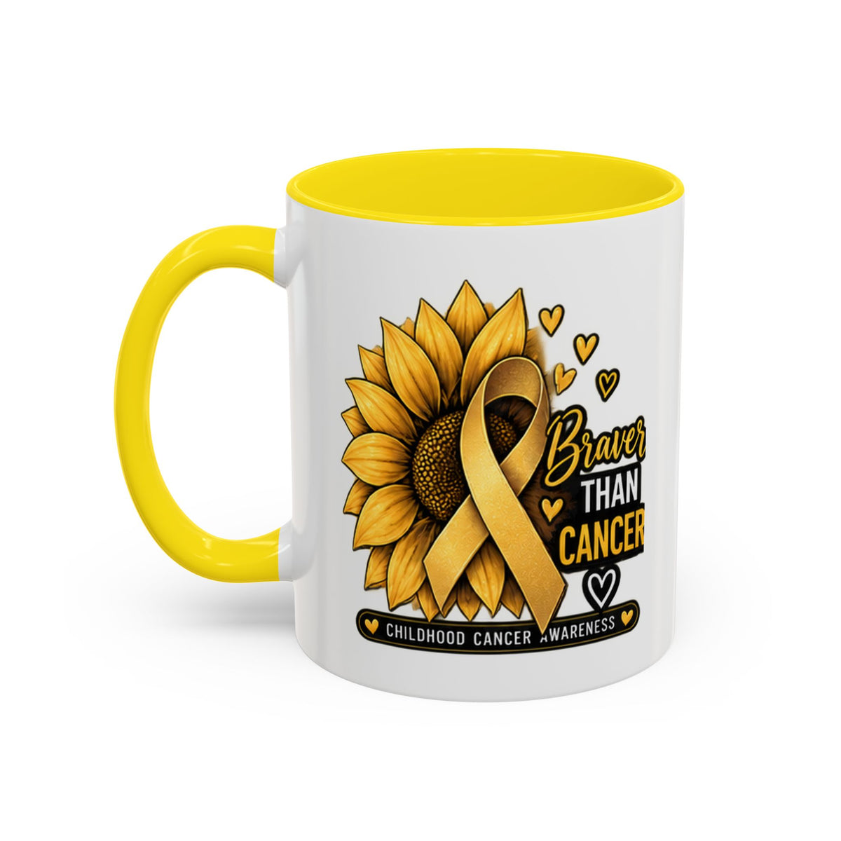 Childhood Cancer Awareness Mug — "Braver Than Cancer" Sunflower & Gold Ribbon