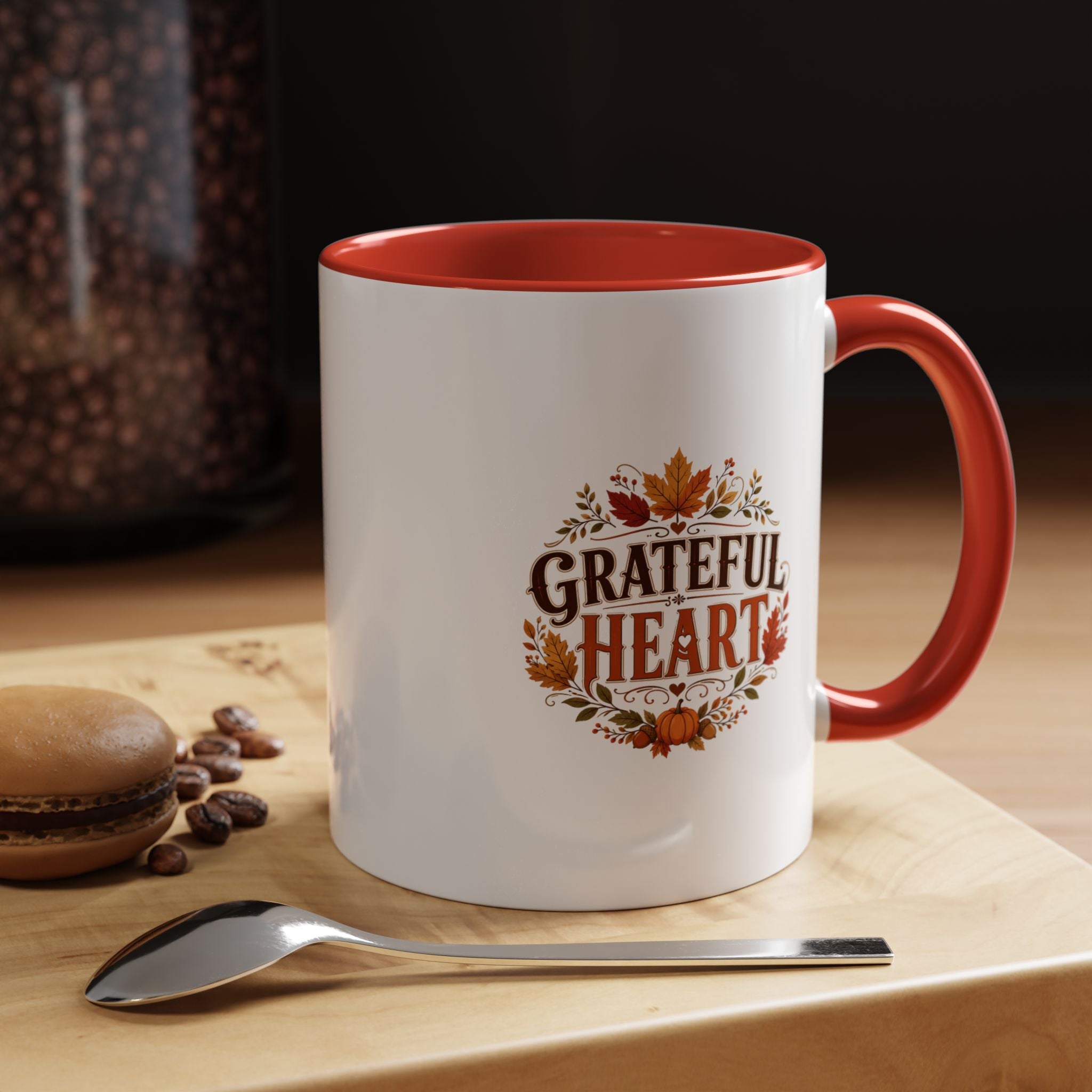 Thanksgiving Mug Grateful Heart Coffee Mug — Fall Leaves Pumpkin Accent Mug