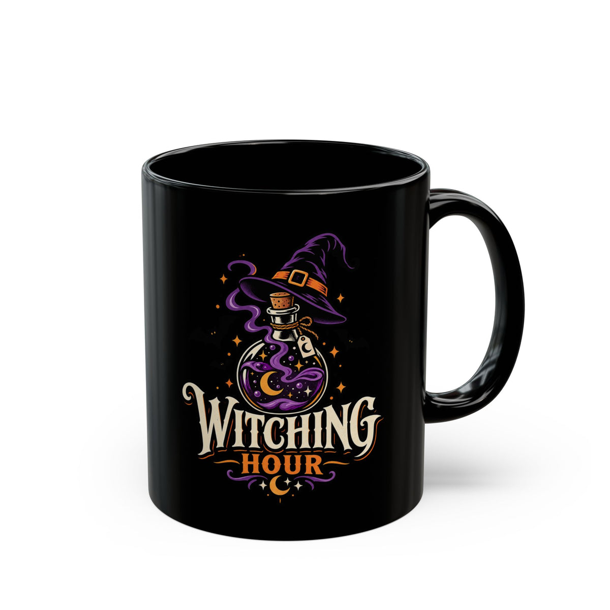 Witching Hour Black Mug — Spooky Halloween Witch Hat & Potion Coffee Cup (11oz/15oz)