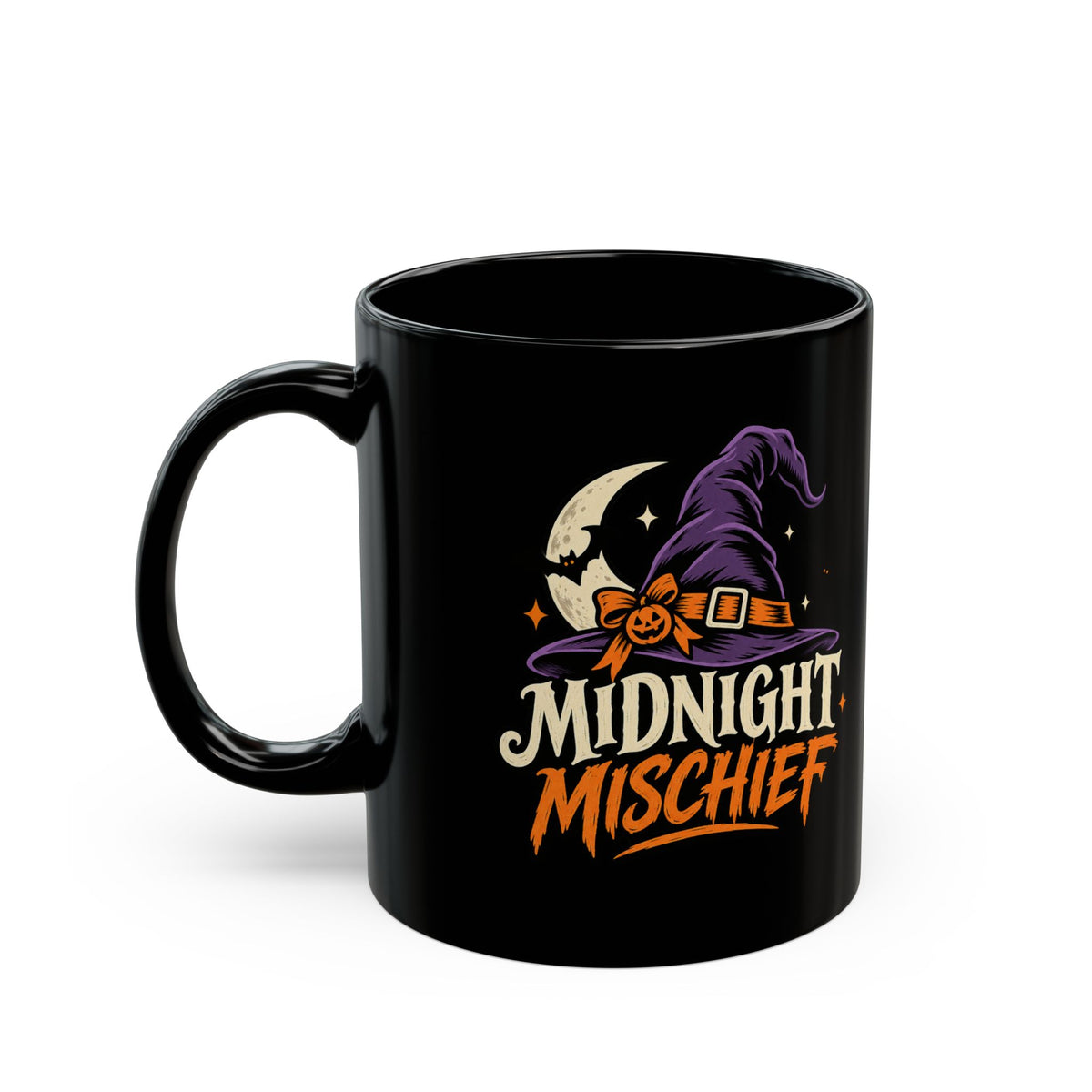 Midnight Mischief Halloween Mug — Witch Hat Moon Design (11oz/15oz Black)