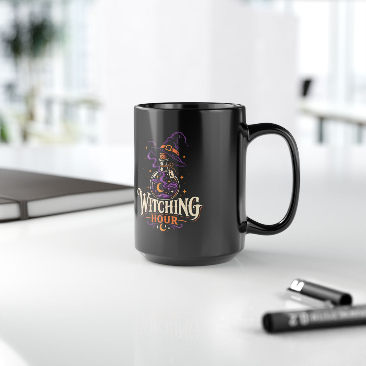 Witching Hour Black Mug — Spooky Halloween Witch Hat & Potion Coffee Cup (11oz/15oz)