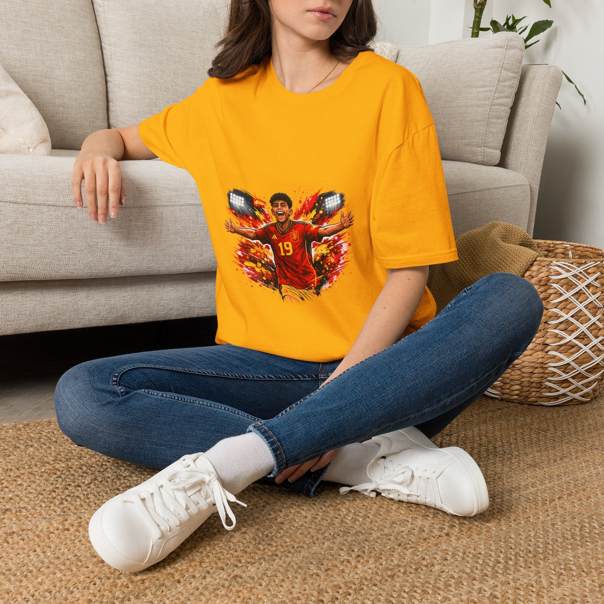 Spain Soccer Fan Portrait T‑Shirt – Fiery Goal Celebration Design