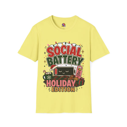 Social Battery Holiday T‑Shirt — Funny Christmas Recharge Graphic Tee