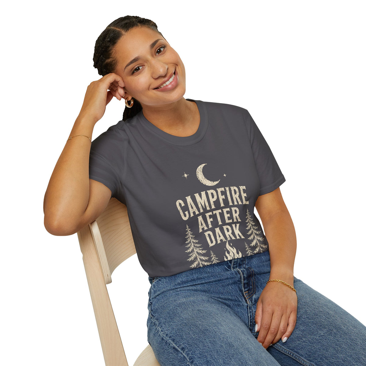 Campfire After Dark T-Shirt — Vintage Moon & Pine Camping Tee