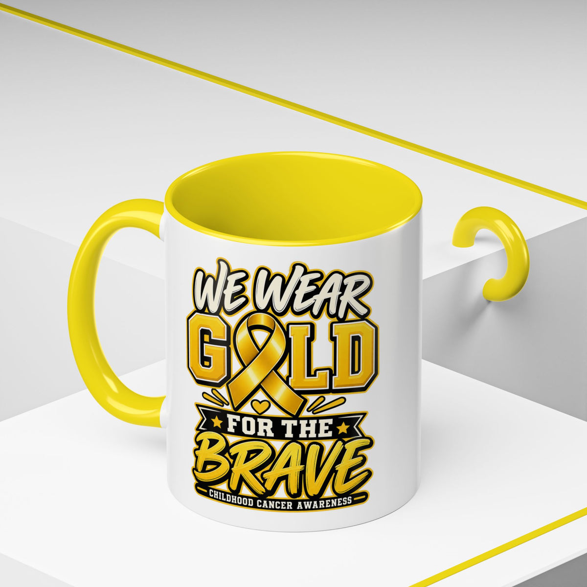 Childhood Cancer Awareness Accent Coffee Mug – "We Wear Gold for the Brave" (11/15 oz)