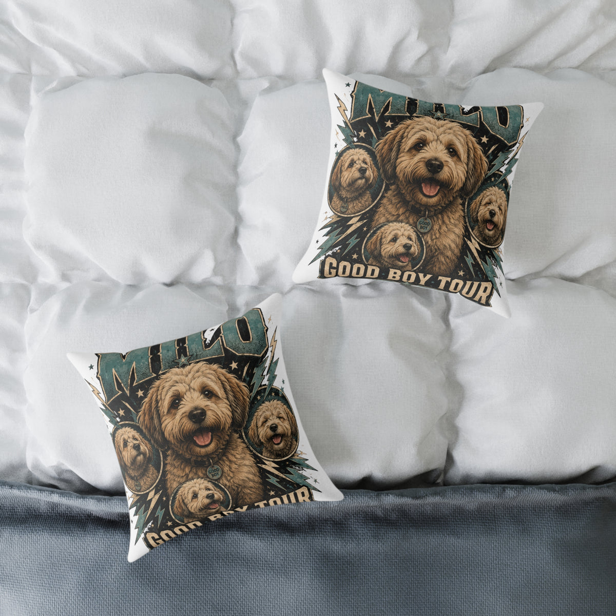Milo Golden Doodle Band Tour Square Pillow  Milo Bailey Dog Dad Mom— Retro Dog Portrait Decorative Throw