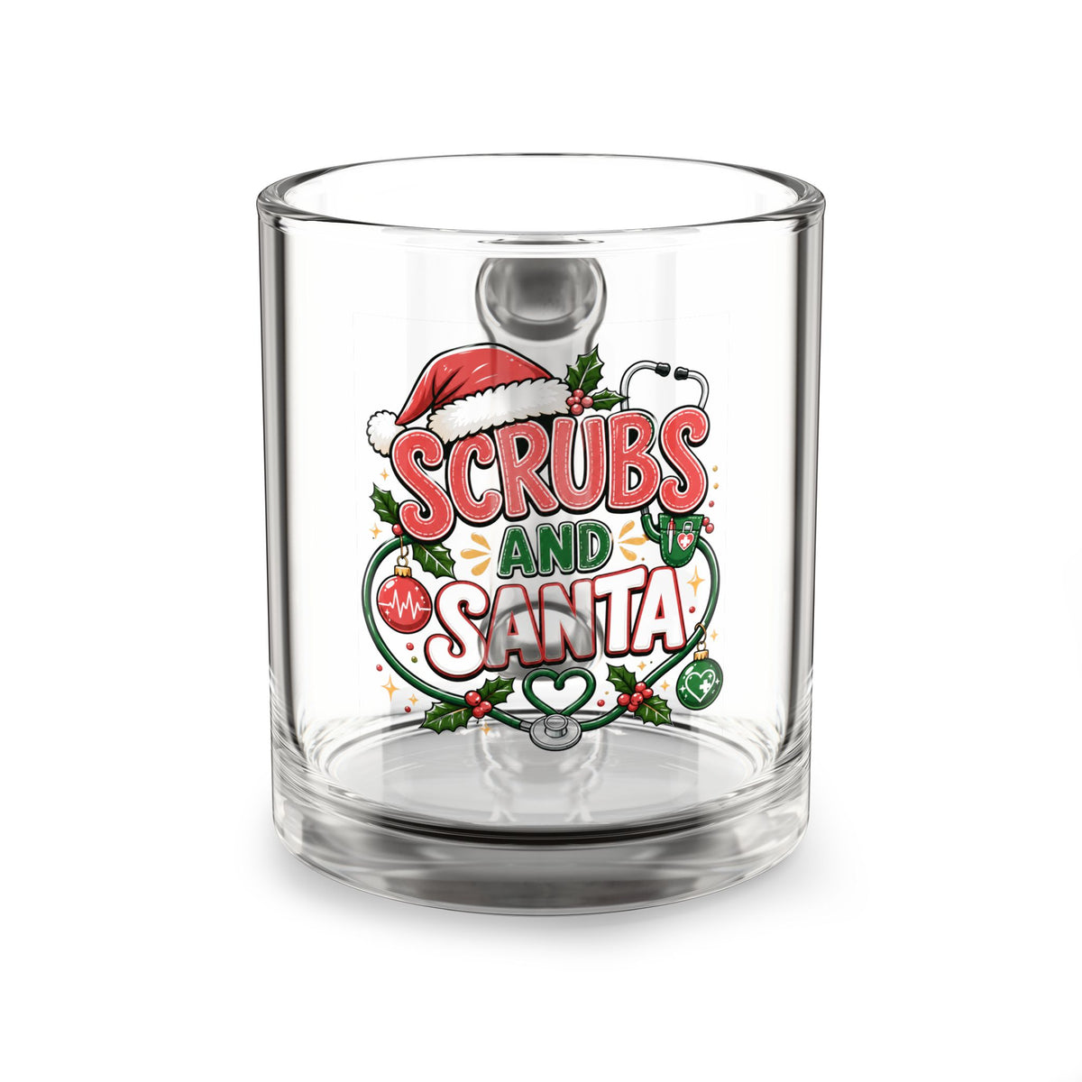 Christmas Glass Mug 10 oz Glass Mug — "Scrubs and Santa" Christmas Nurse Coffee Mug, 10oz