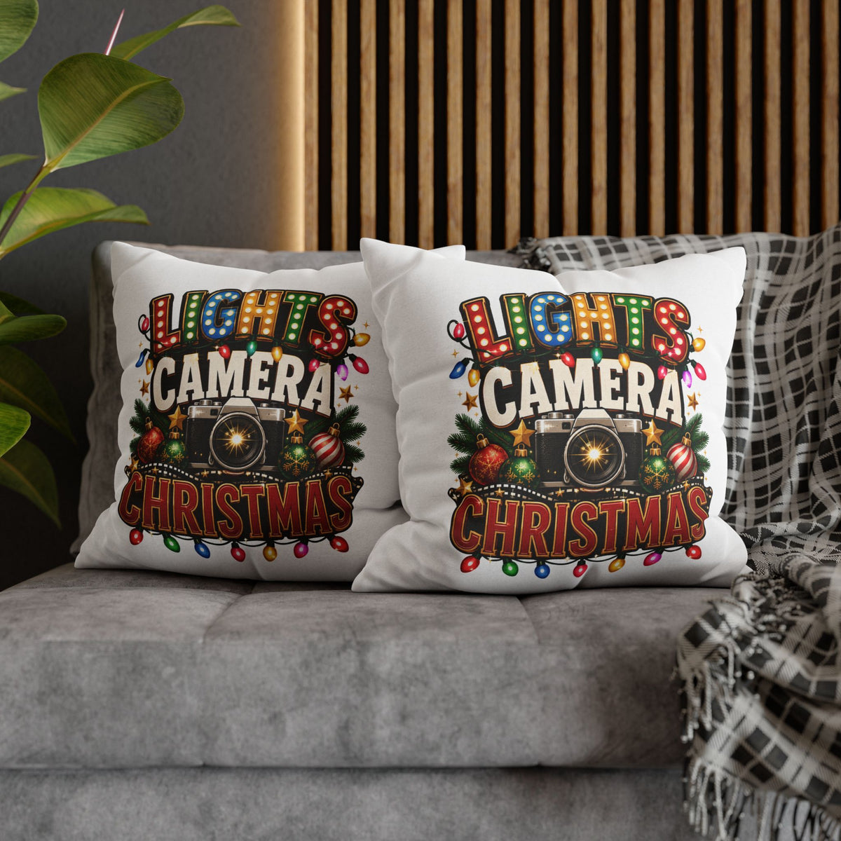 Christmas Photographer Pillowcase – “Lights Camera Christmas” Decorative Throw Pillow