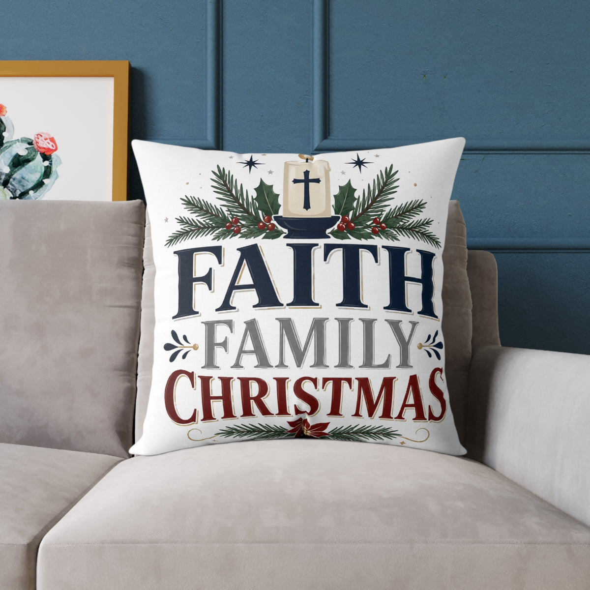 Christmas Pillow - 'Faith Family Christmas' Holiday Decorative Throw Pillow