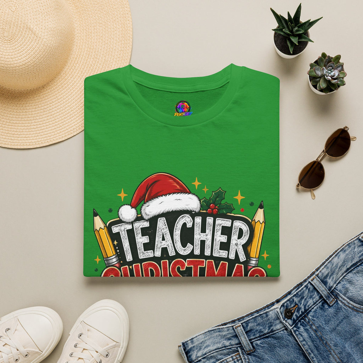 Teacher Christmas Crew T-Shirt — Holiday School Staff Tee with Santa Hat & Pencils