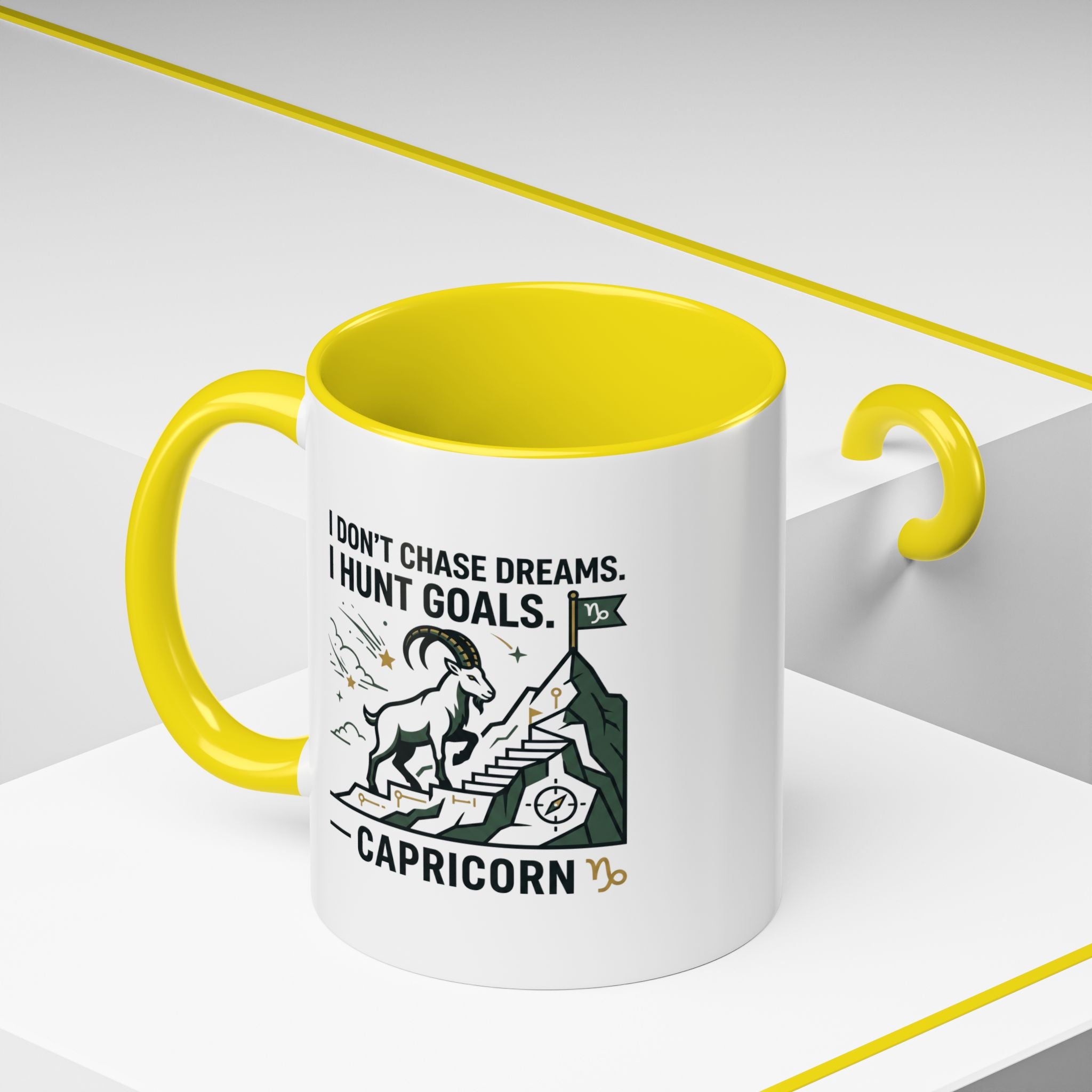 Capricorn Coffee Mug — “I Don't Chase Dreams, I Hunt Goals” Zodiac Accent Mug