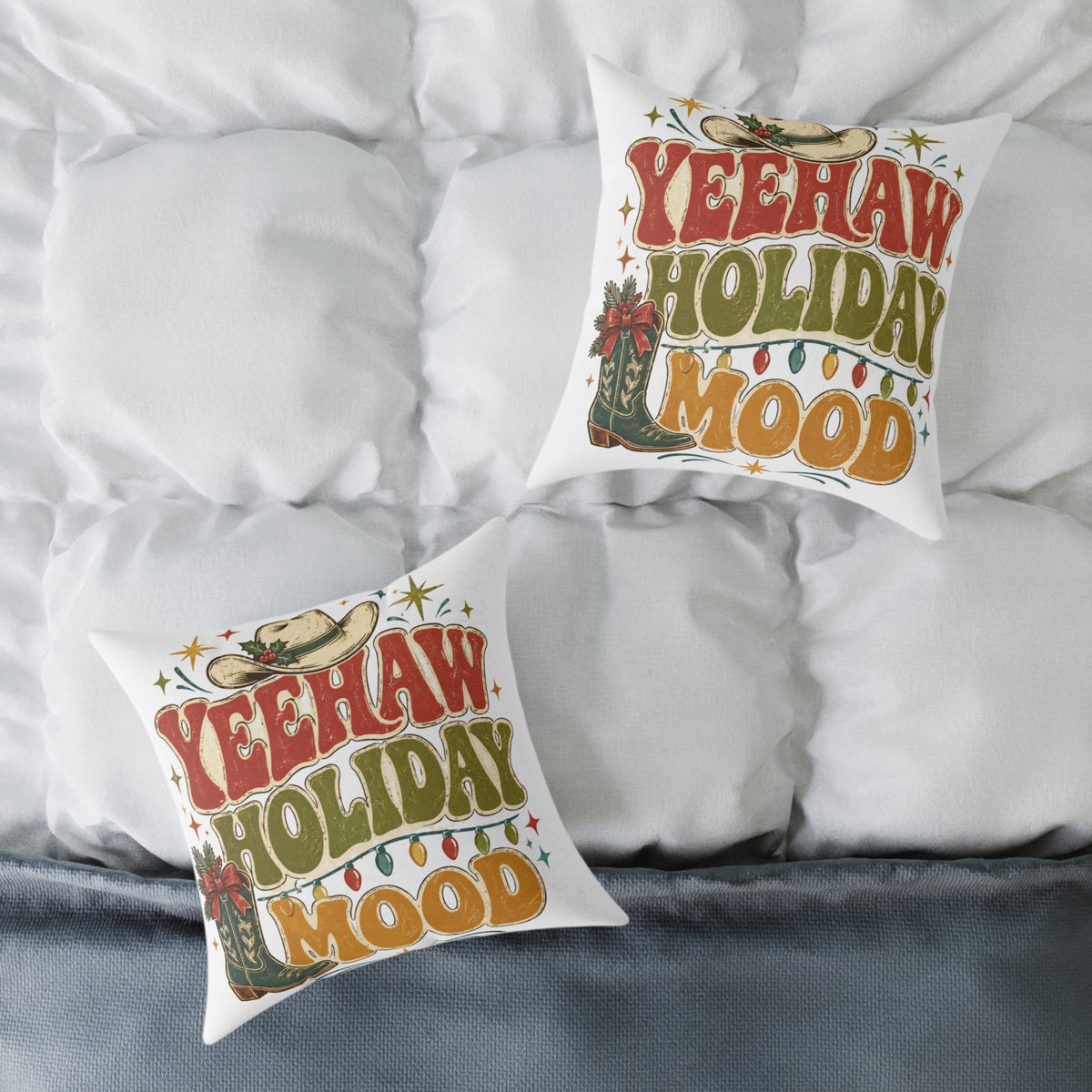 Christmas Square Pillow — "Yeehaw Holiday Mood" Western Christmas Decorative Throw Pillow