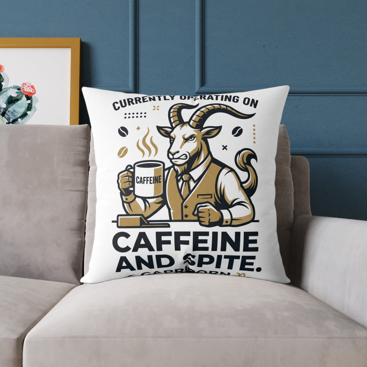 Capricorn Caffeine and Spite Goat Pillow — Funny Coffee Lover Square Throw Pillow