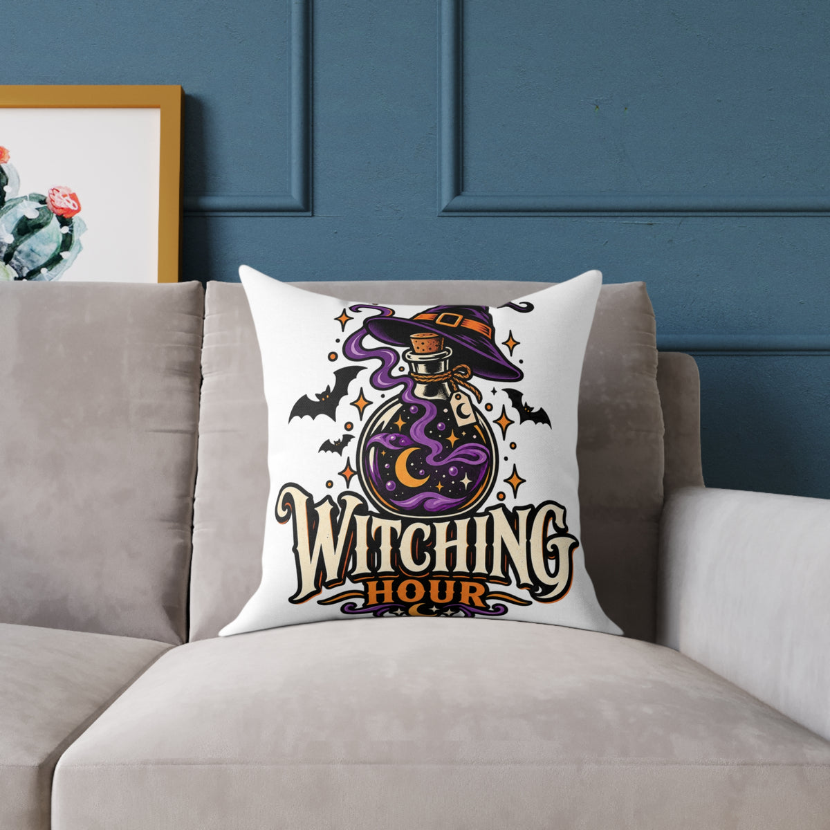 Witching Hour Halloween Decorative Pillow — Witch Hat & Potion Bottle Design