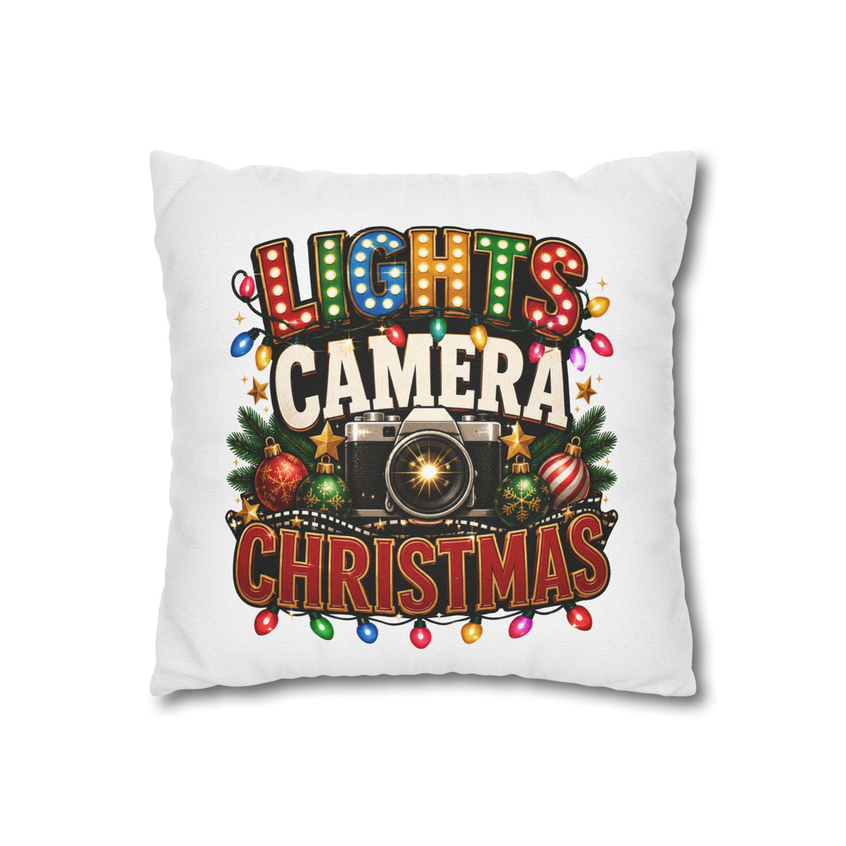 Christmas Photographer Pillowcase – “Lights Camera Christmas” Decorative Throw Pillow