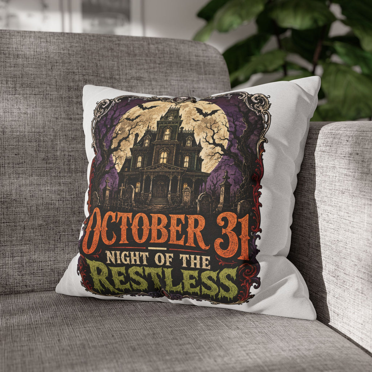 Halloween Pillowcase — "October 31 Night of the Restless" Haunted House Throw Pillow