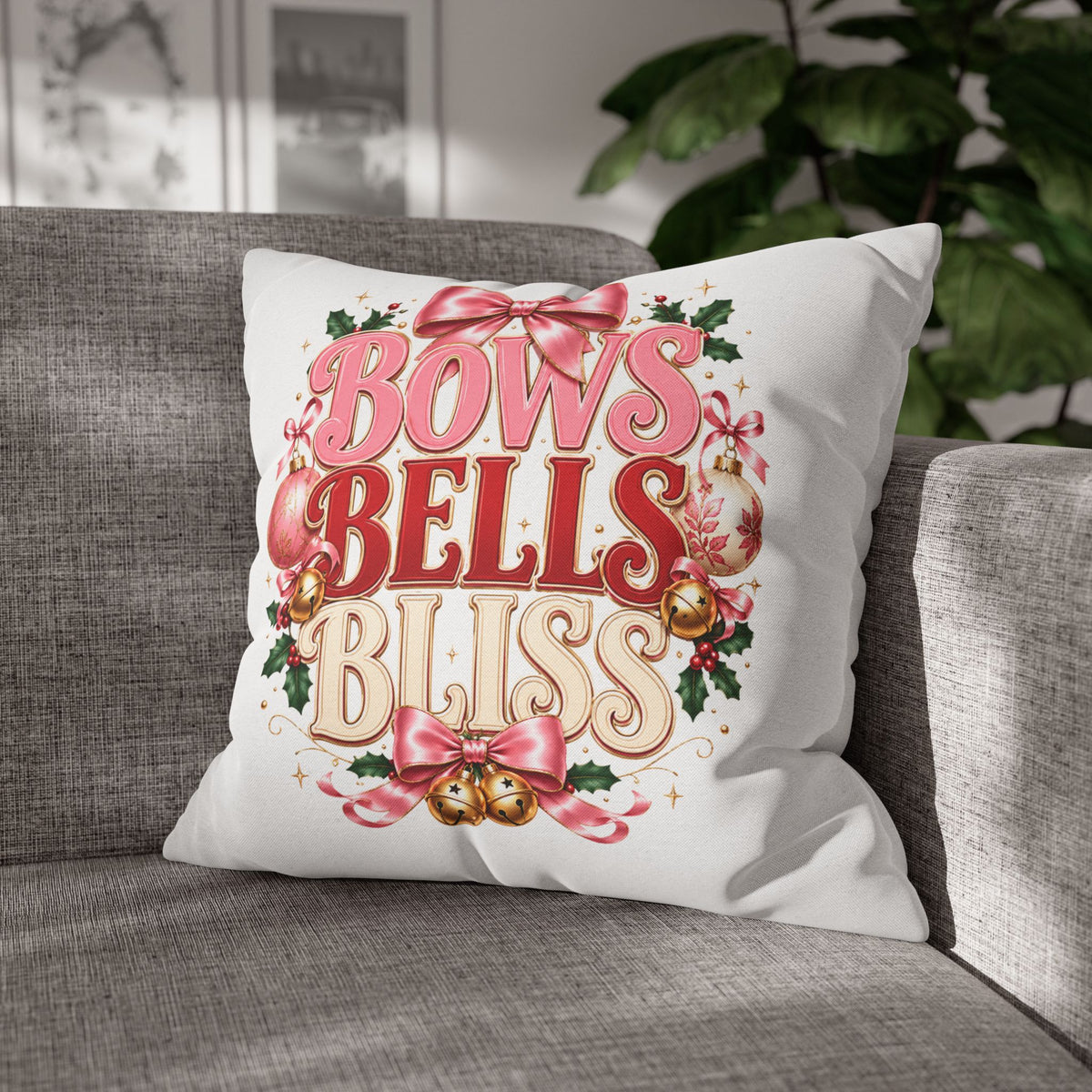 Christmas Decorative Pillowcase — "Bows Bells Bliss" Pink Holiday Throw Pillowcase