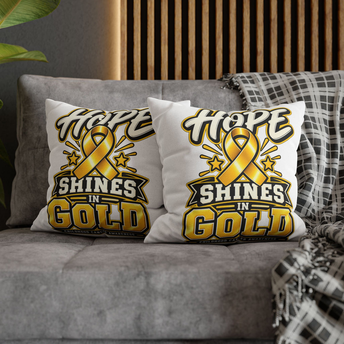 Hope Shines in Gold Pillowcase — Childhood Cancer Awareness Ribbon Decorative Pillow