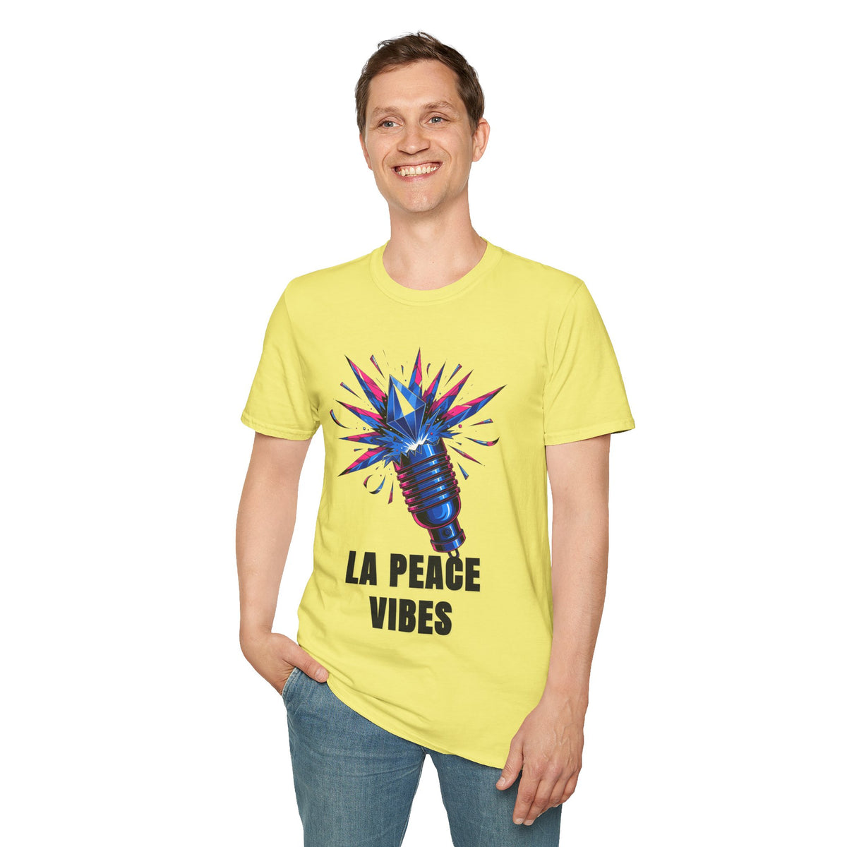 La Peace Vibes Microphone T-Shirt - Retro Pop Art Graphic Tee - Trending Now - September 2026