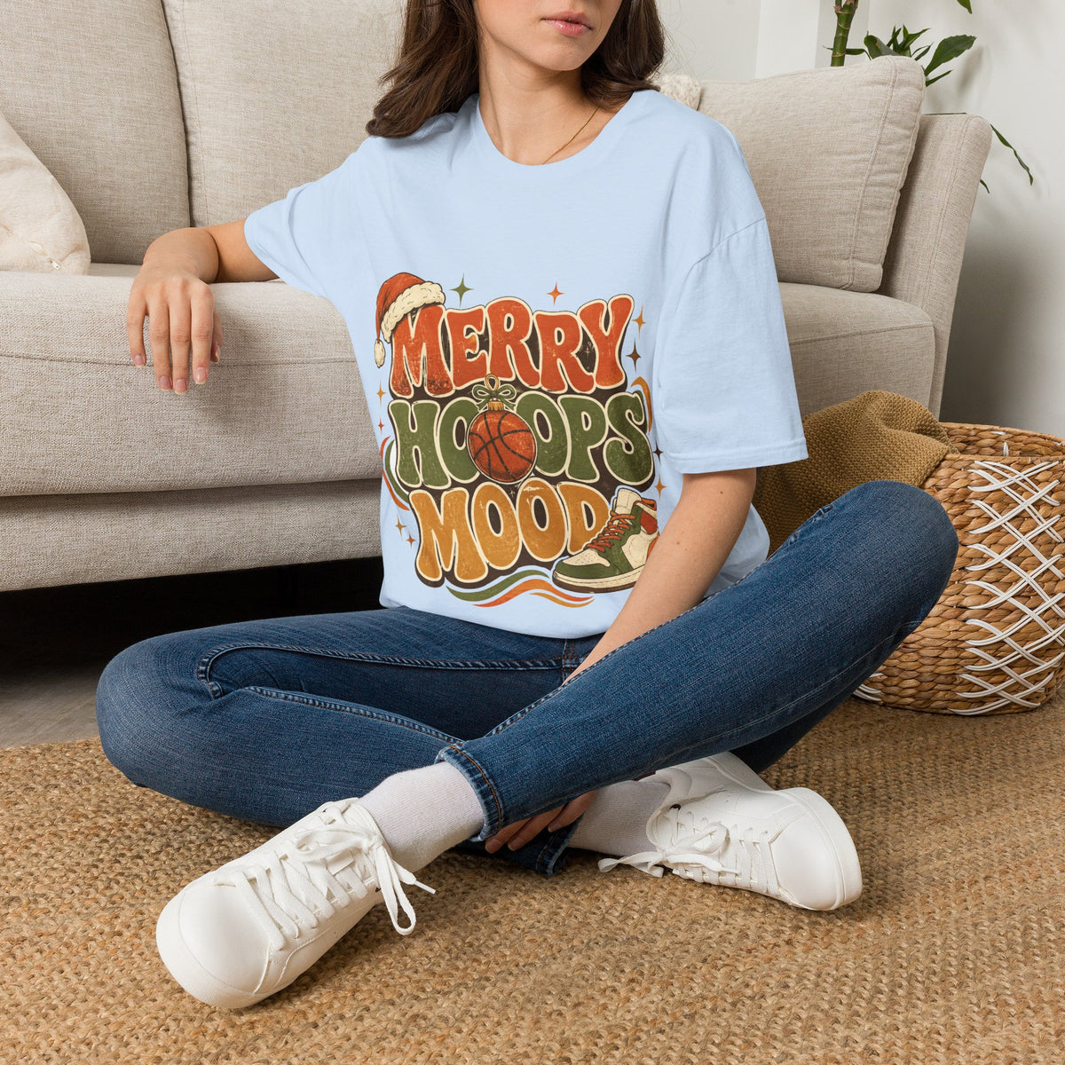 Merry Hoops Mood T-Shirt — Retro Holiday Basketball Christmas Tee