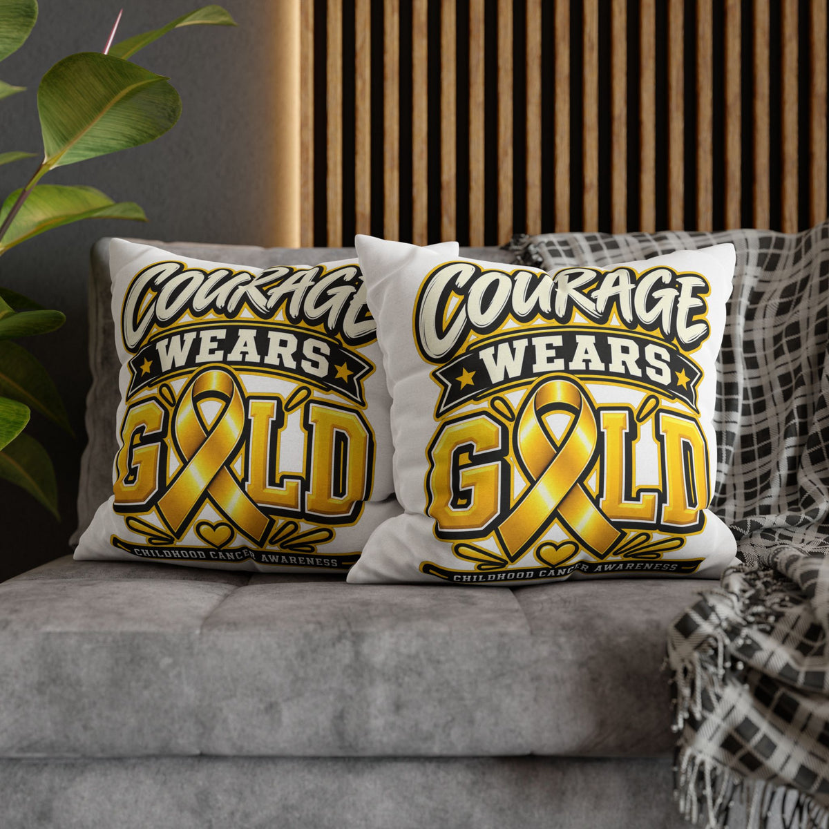 Courage Wears Gold Pillowcase – Childhood Cancer Awareness Cushion Cover