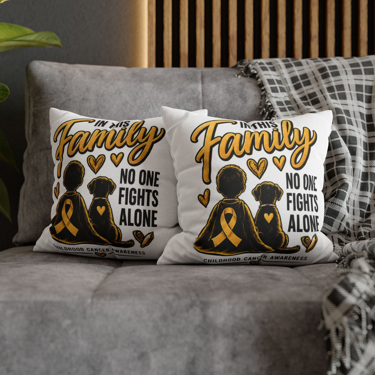 Childhood Cancer Awareness Pillow — "In This Family No One Fights Alone"