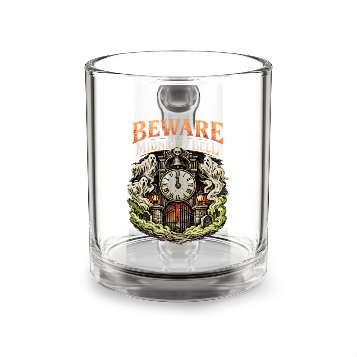 Halloween Glass Mug 10 oz — Beward Midnight Bell Vintage Clock Design (10 oz)