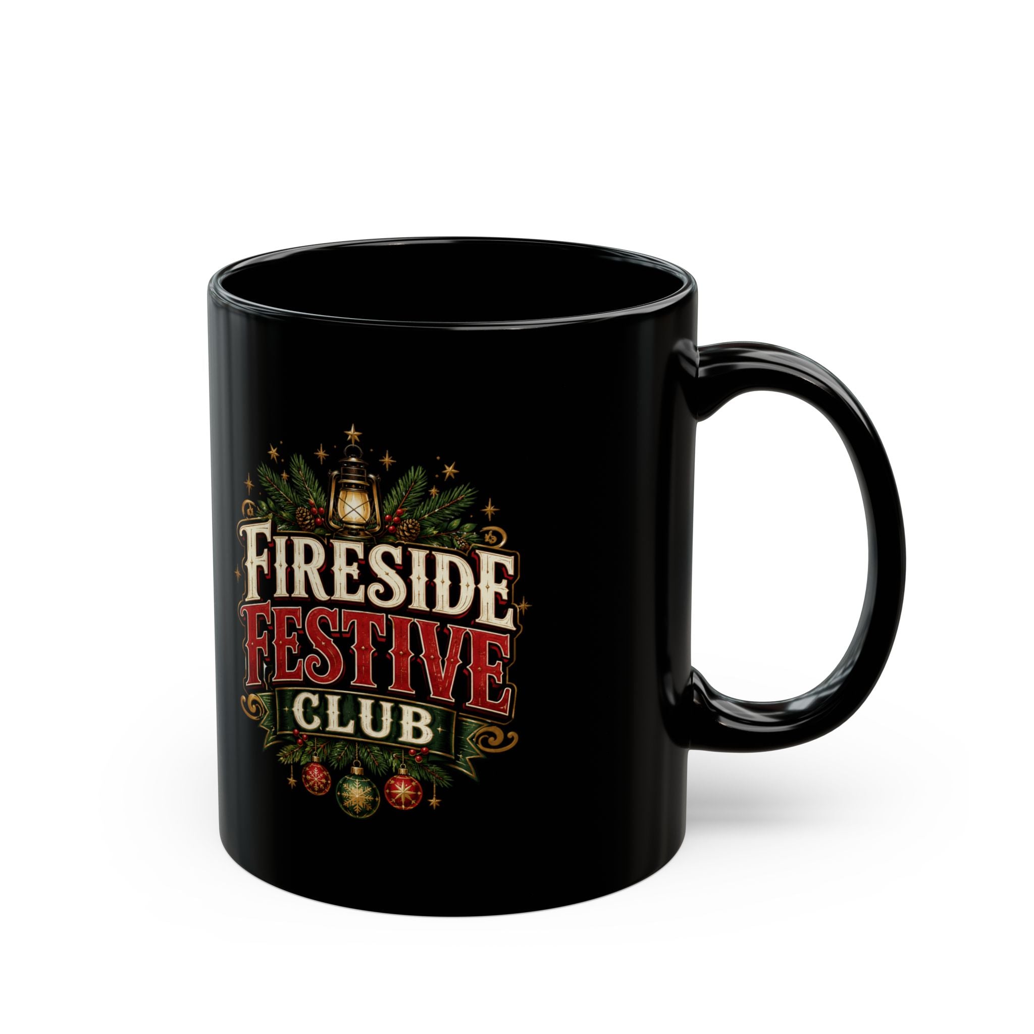 Fireside Festive Club Black Mug — Holiday Christmas Coffee Cup