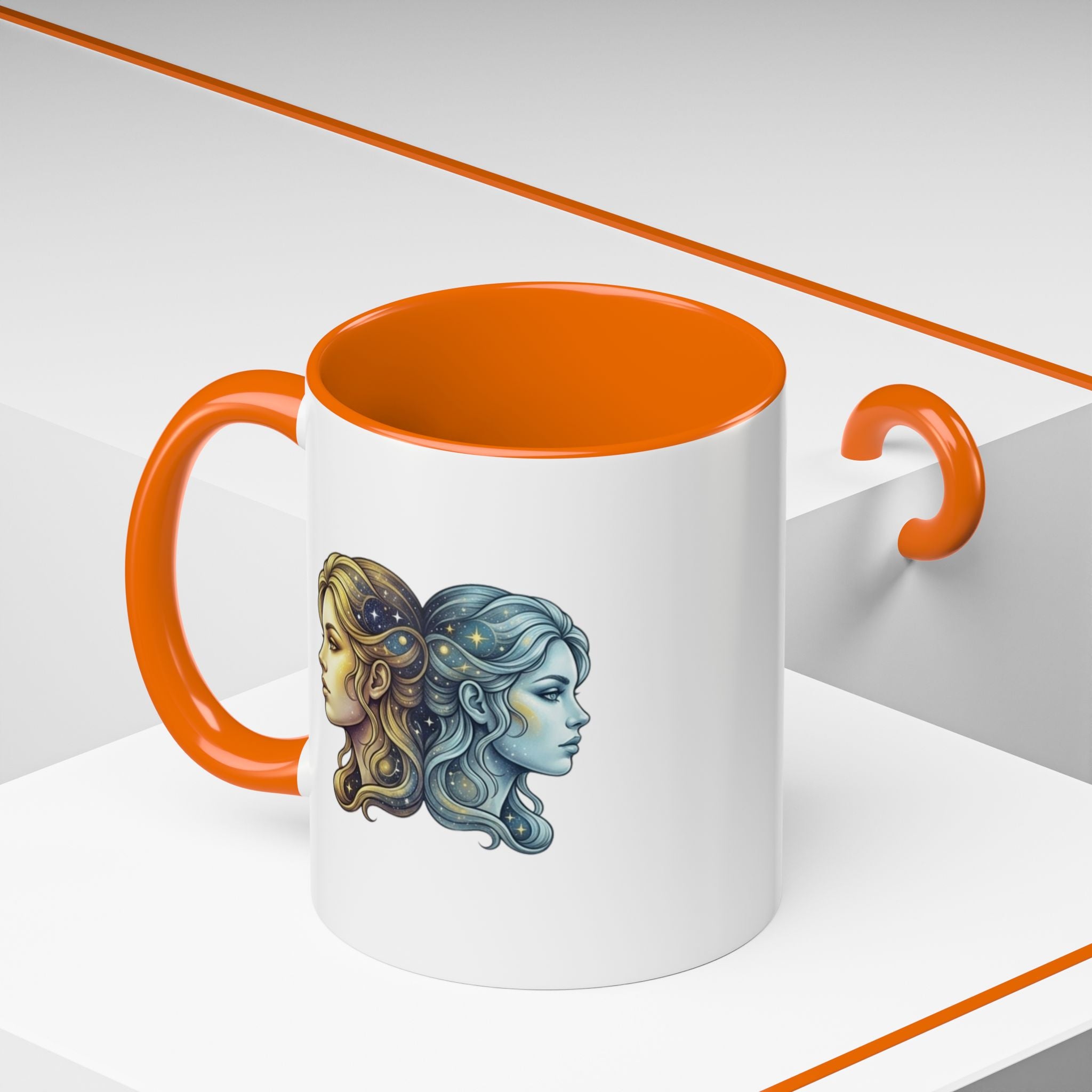 Gemini Zodiac Accent Coffee Mug — Dual Faces Astrology Design