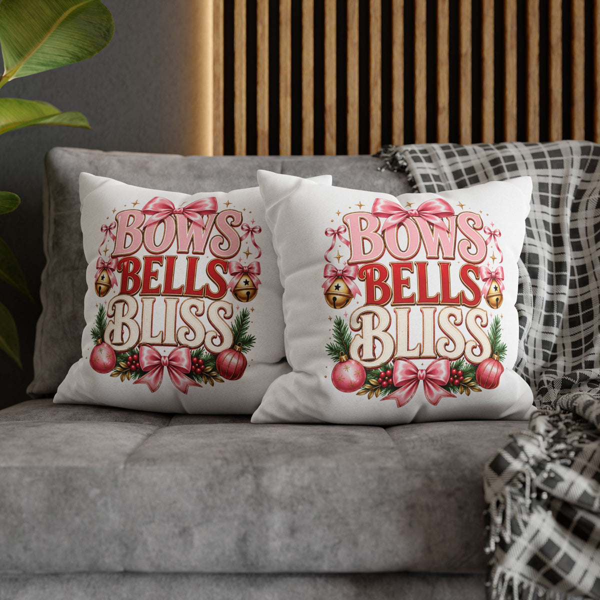 Christmas Bows Bells Bliss Decorative Pillowcase — Pink Christmas Holiday Throw Pillow Cover