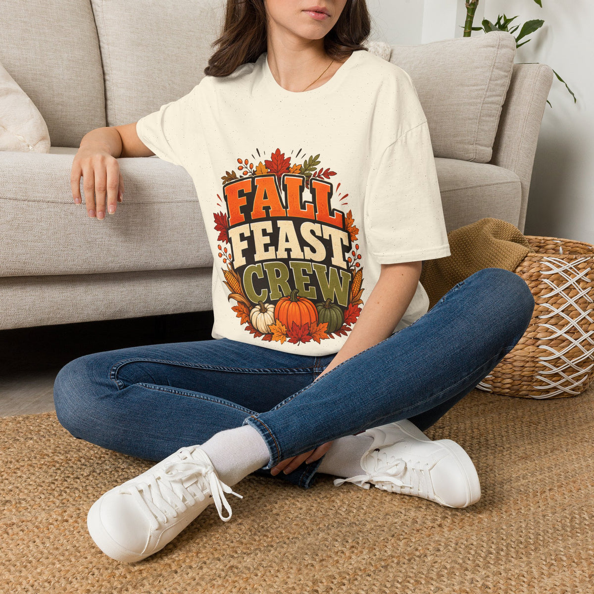 Thanksgiving T-Shirt Fall Feast Crew T-Shirt — Thanksgiving Pumpkin & Leaves Graphic Tee
