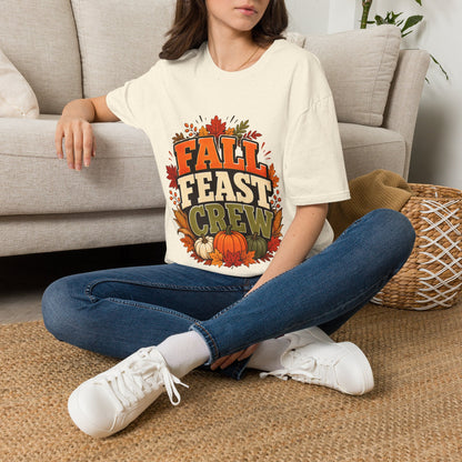 Fall Feast Crew T-Shirt — Thanksgiving Pumpkin & Leaves Graphic Tee