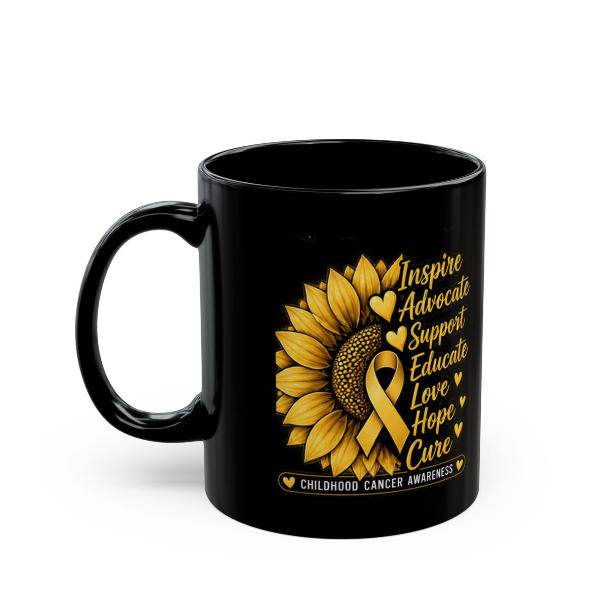 Childhood Cancer Awareness Sunflower Mug – Inspire Advocate Support Educate Love Hope Cure (Black, 11oz/15oz)