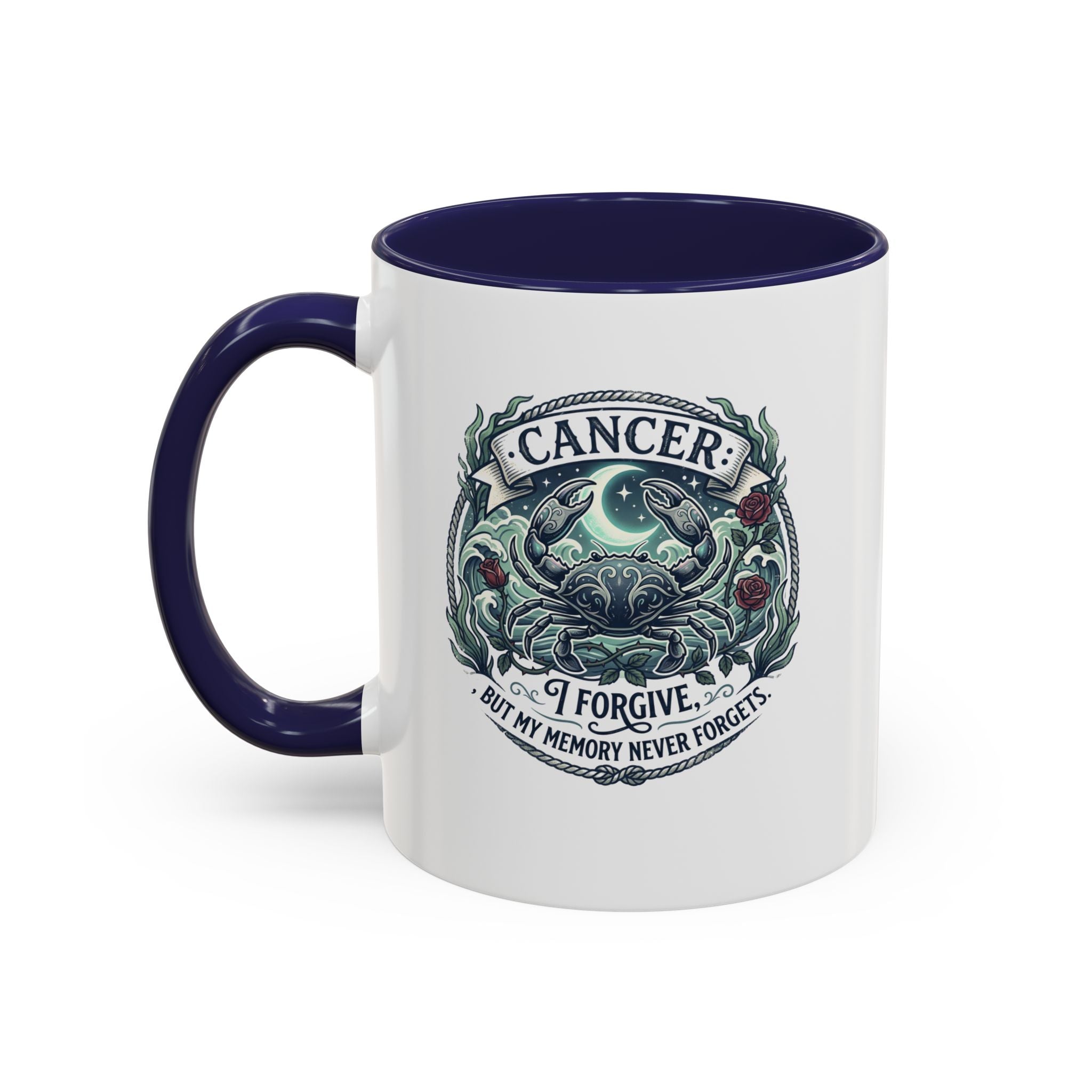 Cancer Zodiac Accent Coffee Mug — 'I Forgive But My Memory Never Forgets' Horoscope Gift
