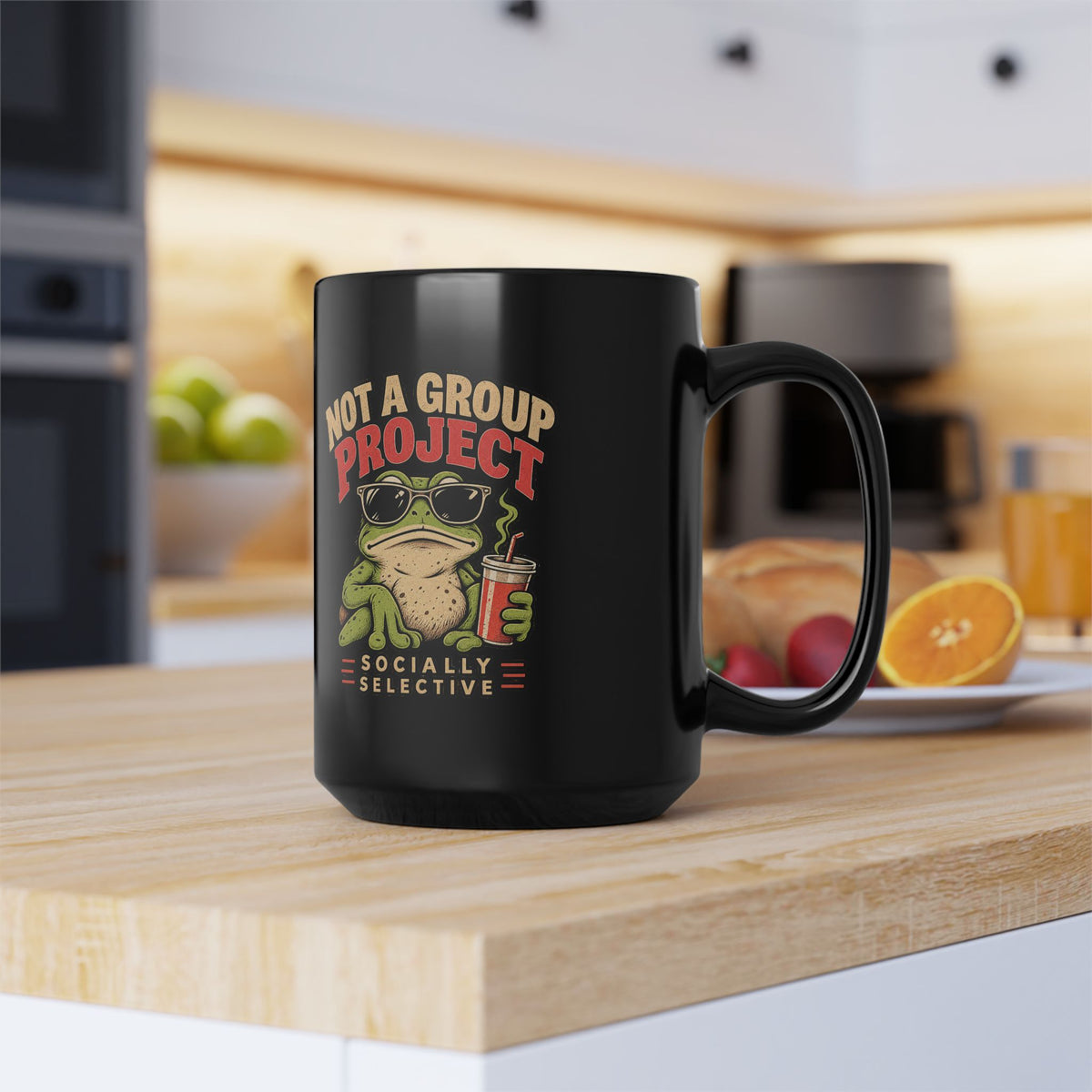 Funny Frog Coffee Mug — "Not a Group Project, Socially Selective" Black Ceramic Mug