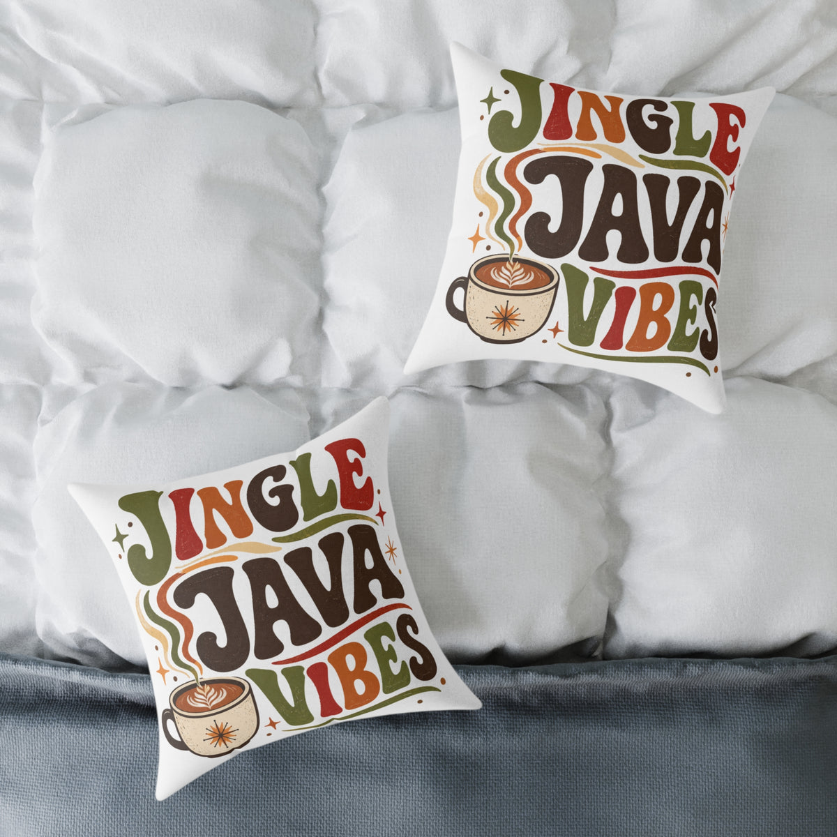 Christmas Square Pillow — "Jingle Java Vibes" Coffee Holiday Decorative Cushion
