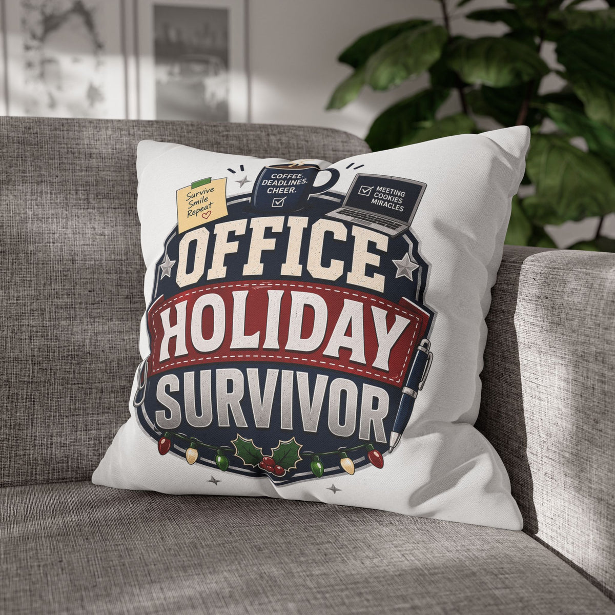 Office Holiday Survivor Pillowcase Modern Day Christmas  - Funny Workplace Christmas Decor