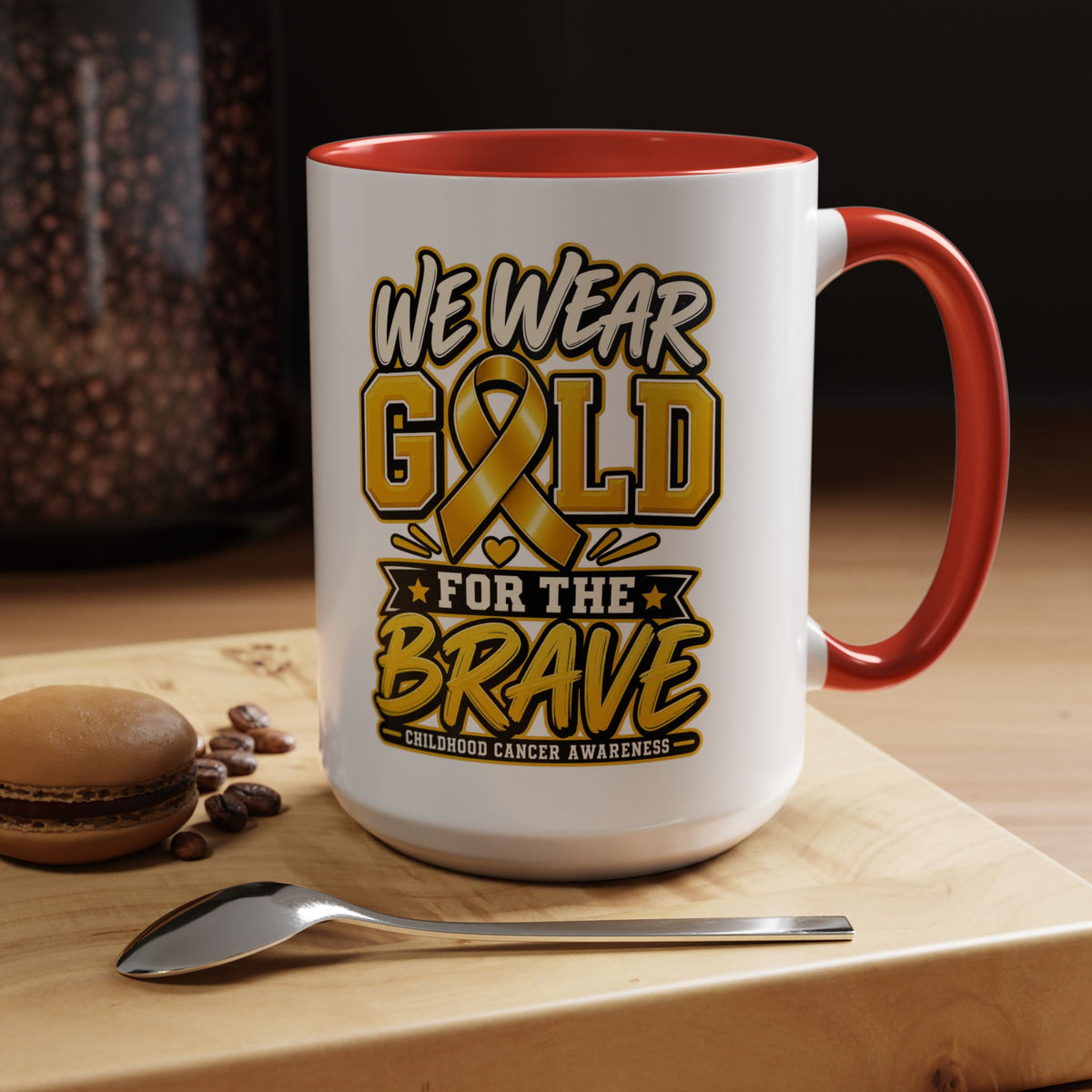 Childhood Cancer Awareness Accent Coffee Mug – "We Wear Gold for the Brave" (11/15 oz)