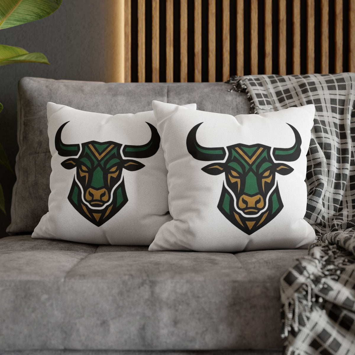 Taurus Geometric Bull Throw Pillowcase — Green Tribal Bull Accent Pillow