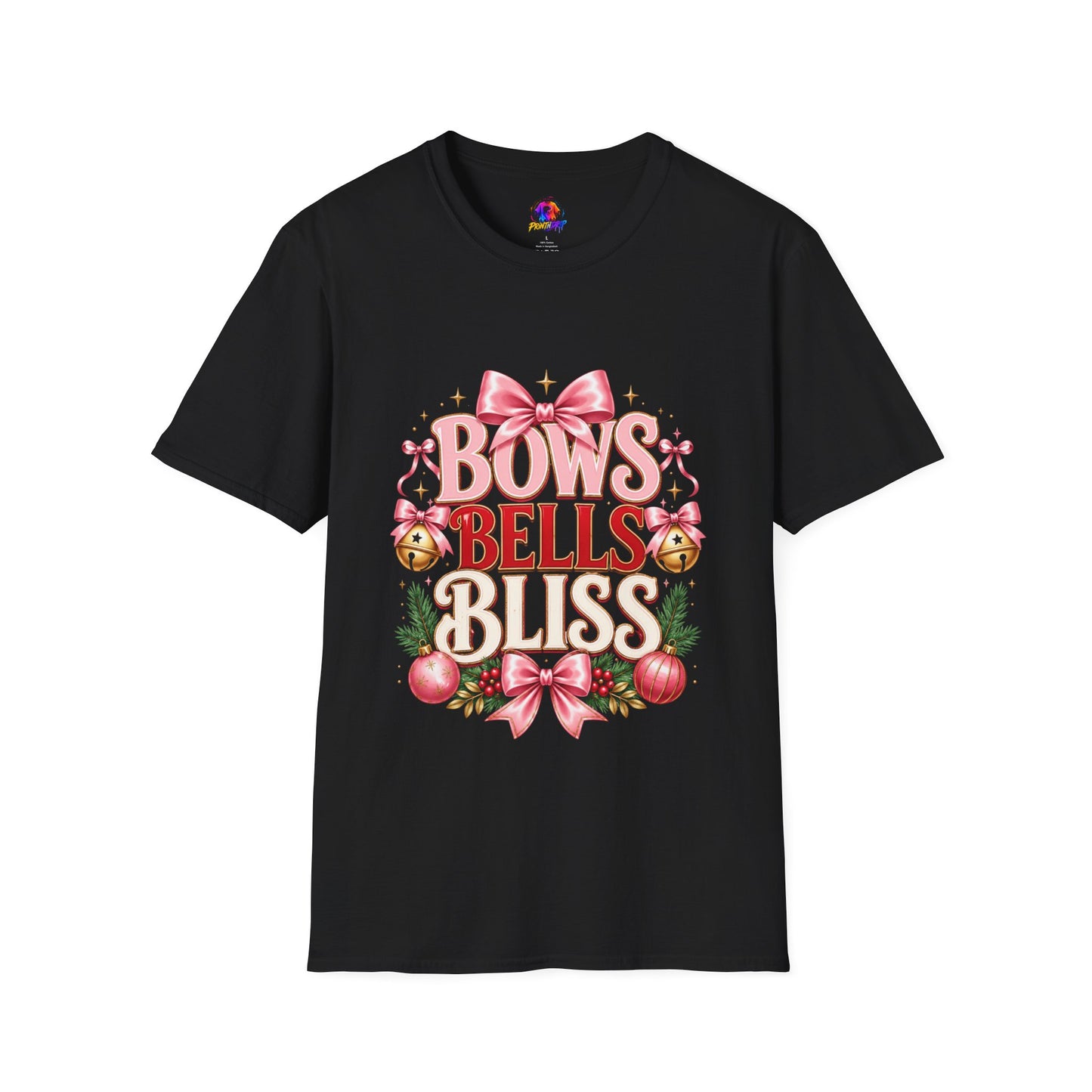 T-Shirt — "Bows Bells Bliss" Pink Holiday Graphic Tee