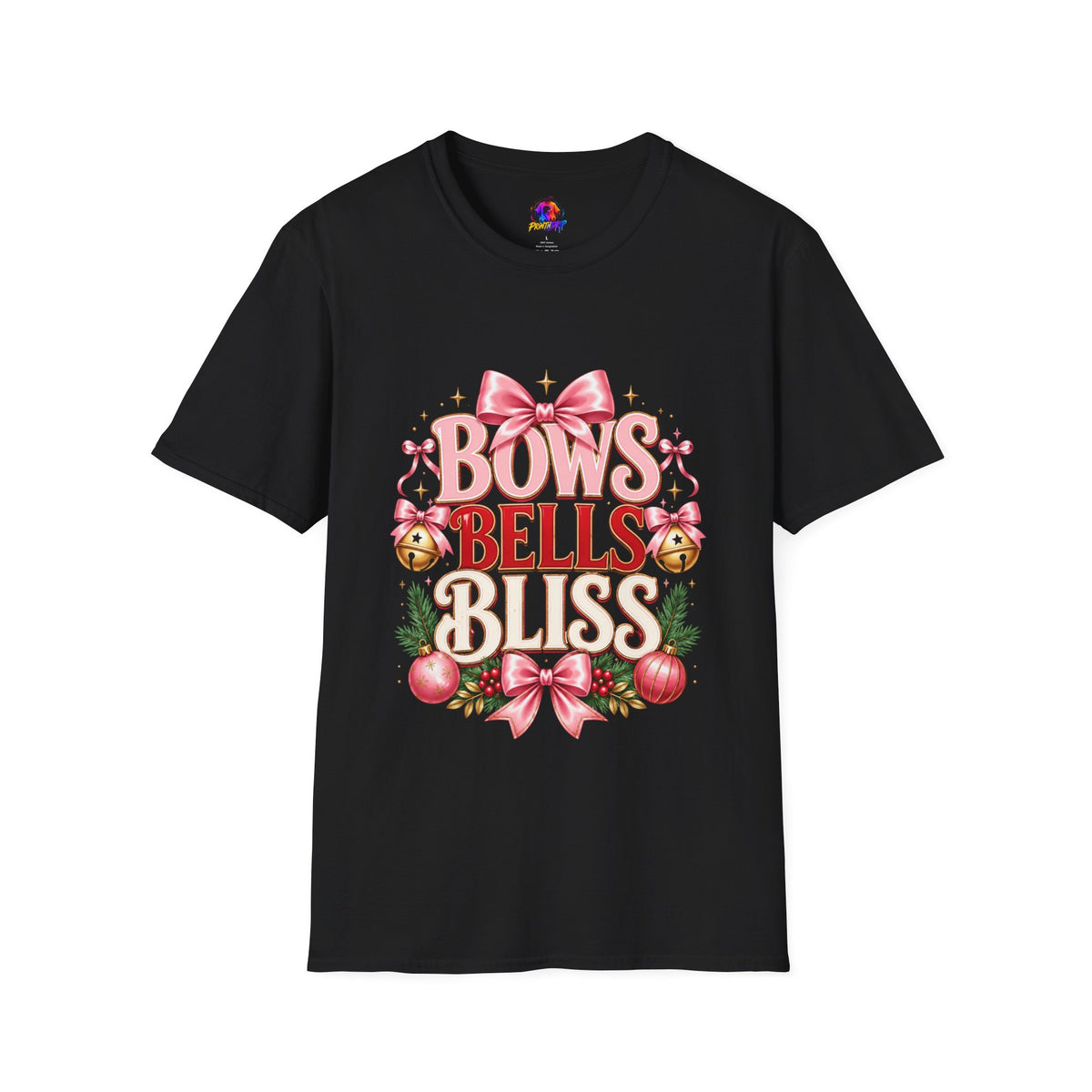 T-Shirt — "Bows Bells Bliss" Pink Holiday Graphic Tee
