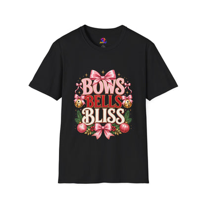 T-Shirt — "Bows Bells Bliss" Pink Holiday Graphic Tee
