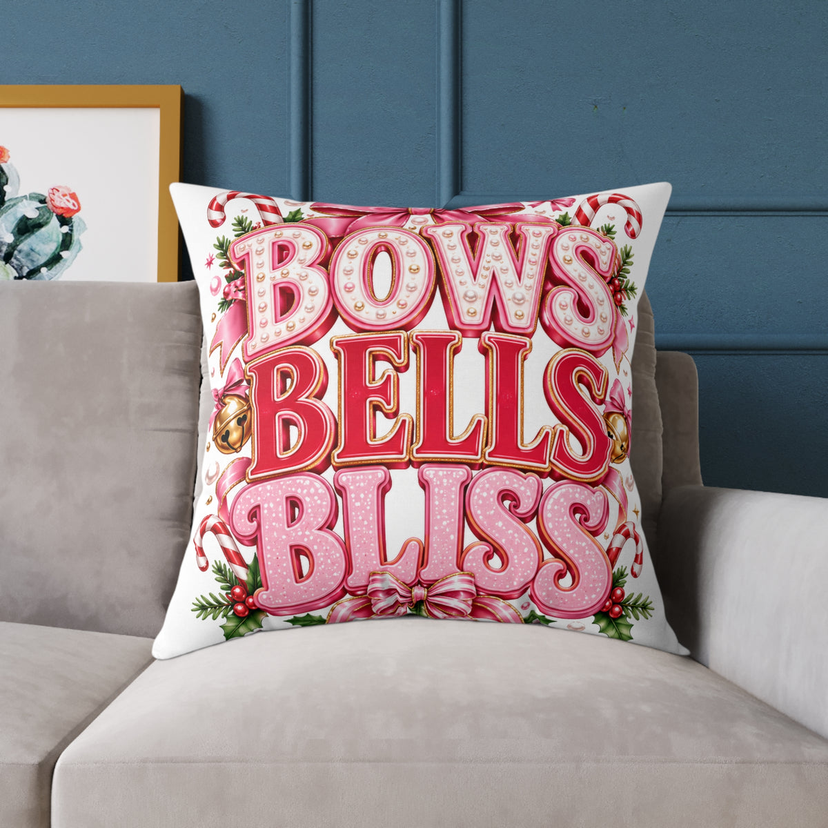 Bows Bells Bliss Modern Day Christmas Square Poly Canvas Pillow
