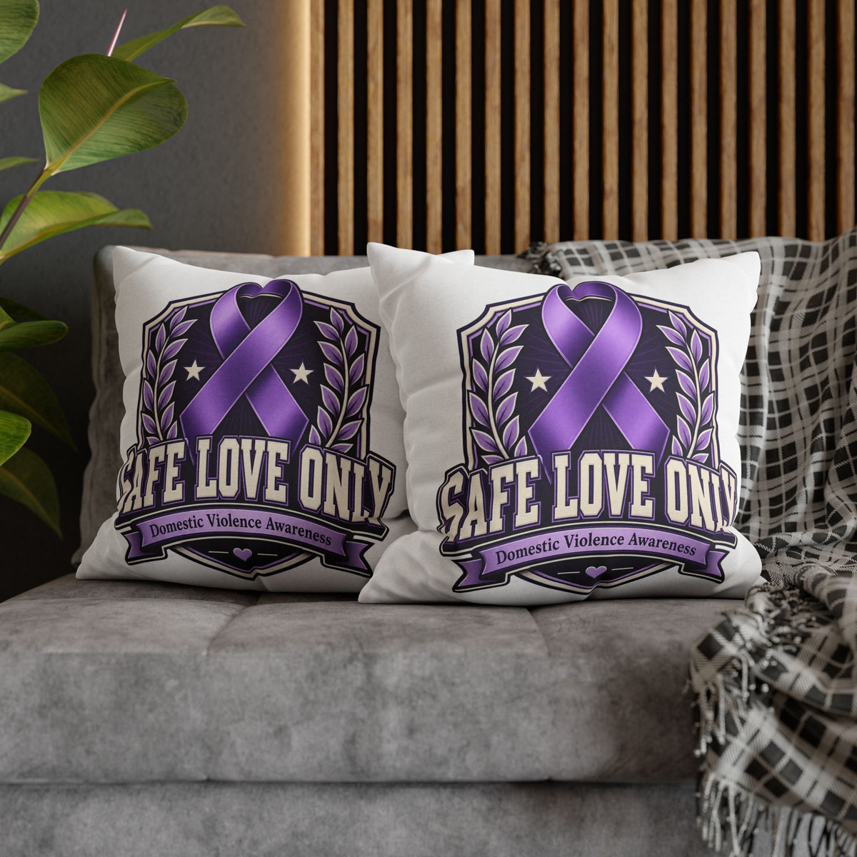 Domestic Violence Awareness Pillow — "Safe Love Only" Purple Ribbon Accent