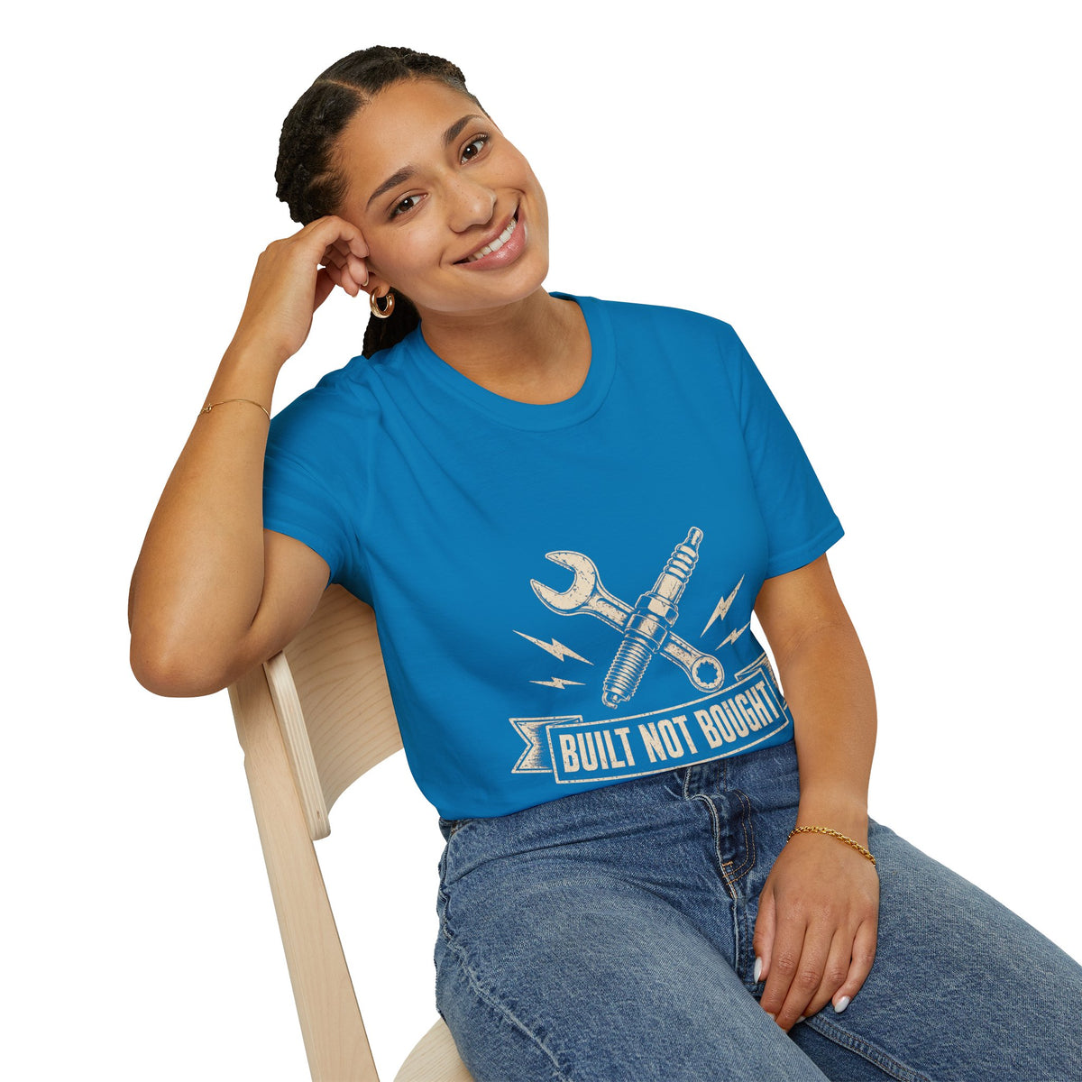 Built Not Bought T-Shirt — Vintage Mechanic Spark Plug & Wrench Tee for DIY Car Enthusiasts