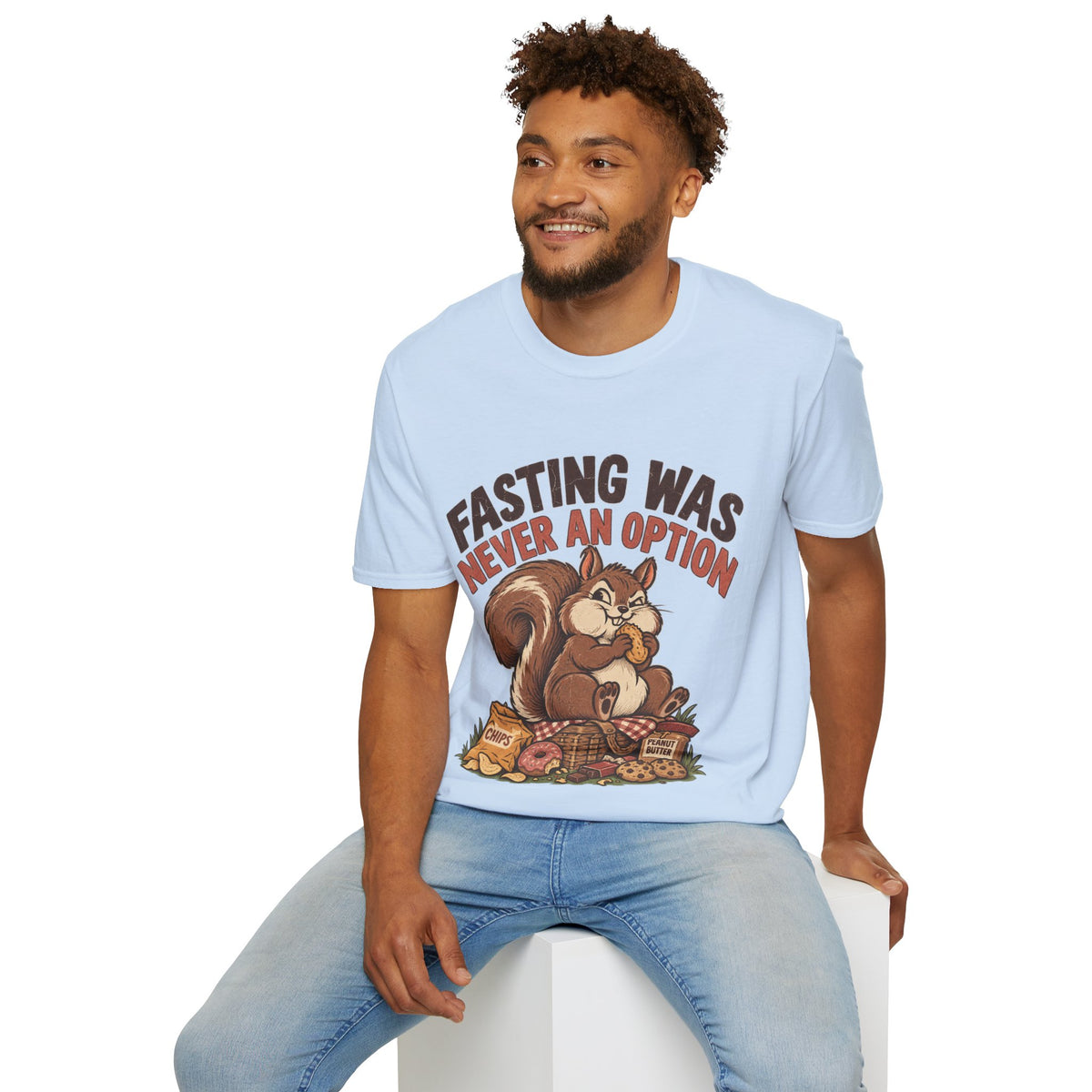 Fasting Was Never an Option T-Shirt — Funny Squirrel Eating Snacks Tee