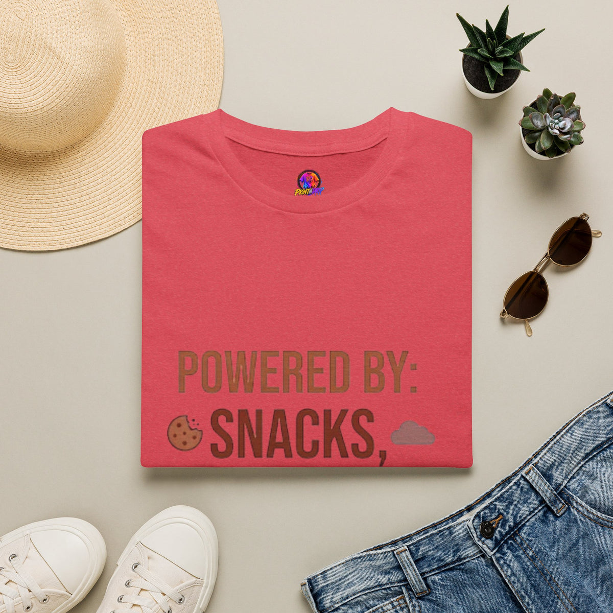 Powered By: Snacks, Naps & Stubbornness T-Shirt — Funny Casual Graphic Tee